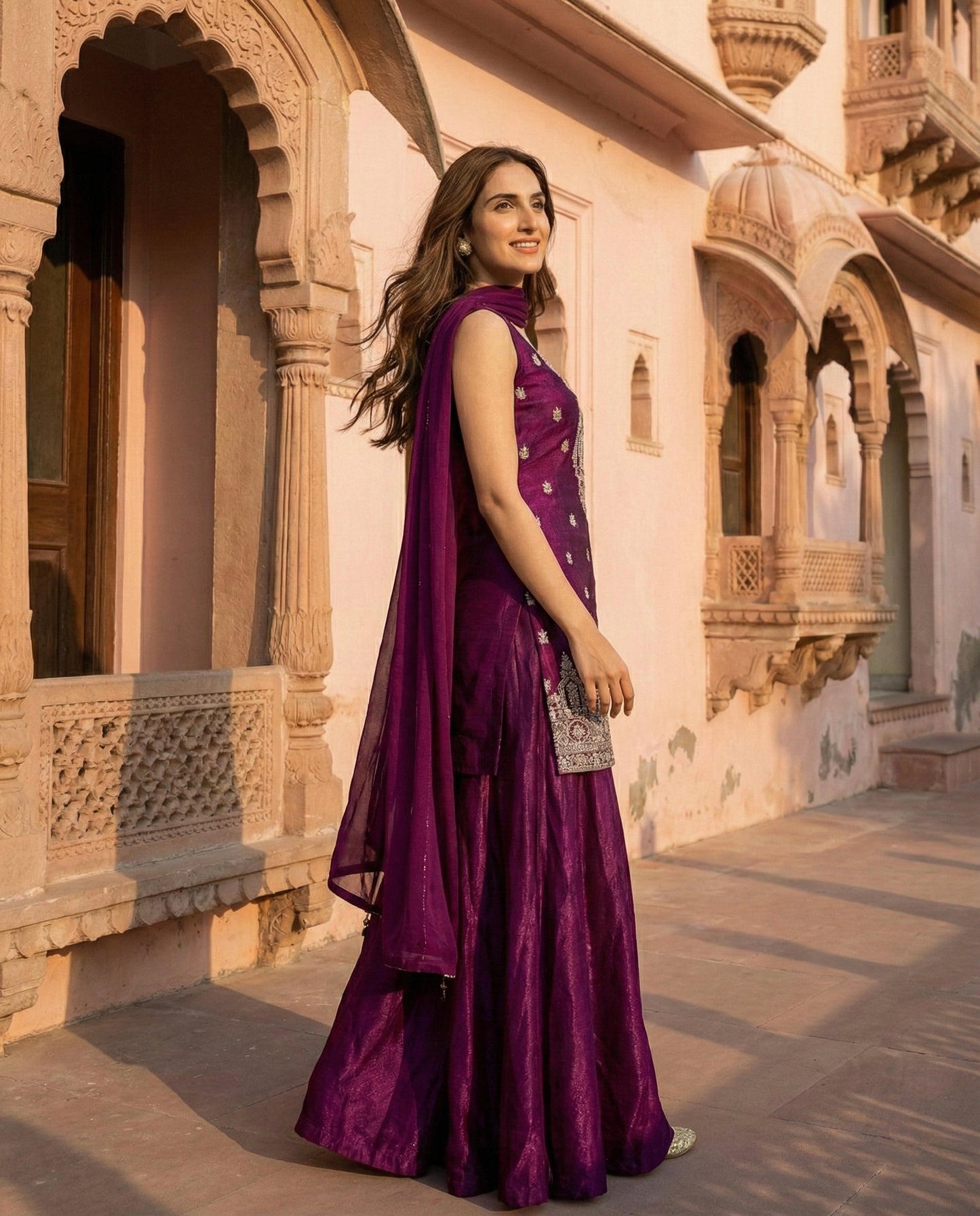 Dhanak: Plum Purple Embroidered Sharara Set by Velltiska