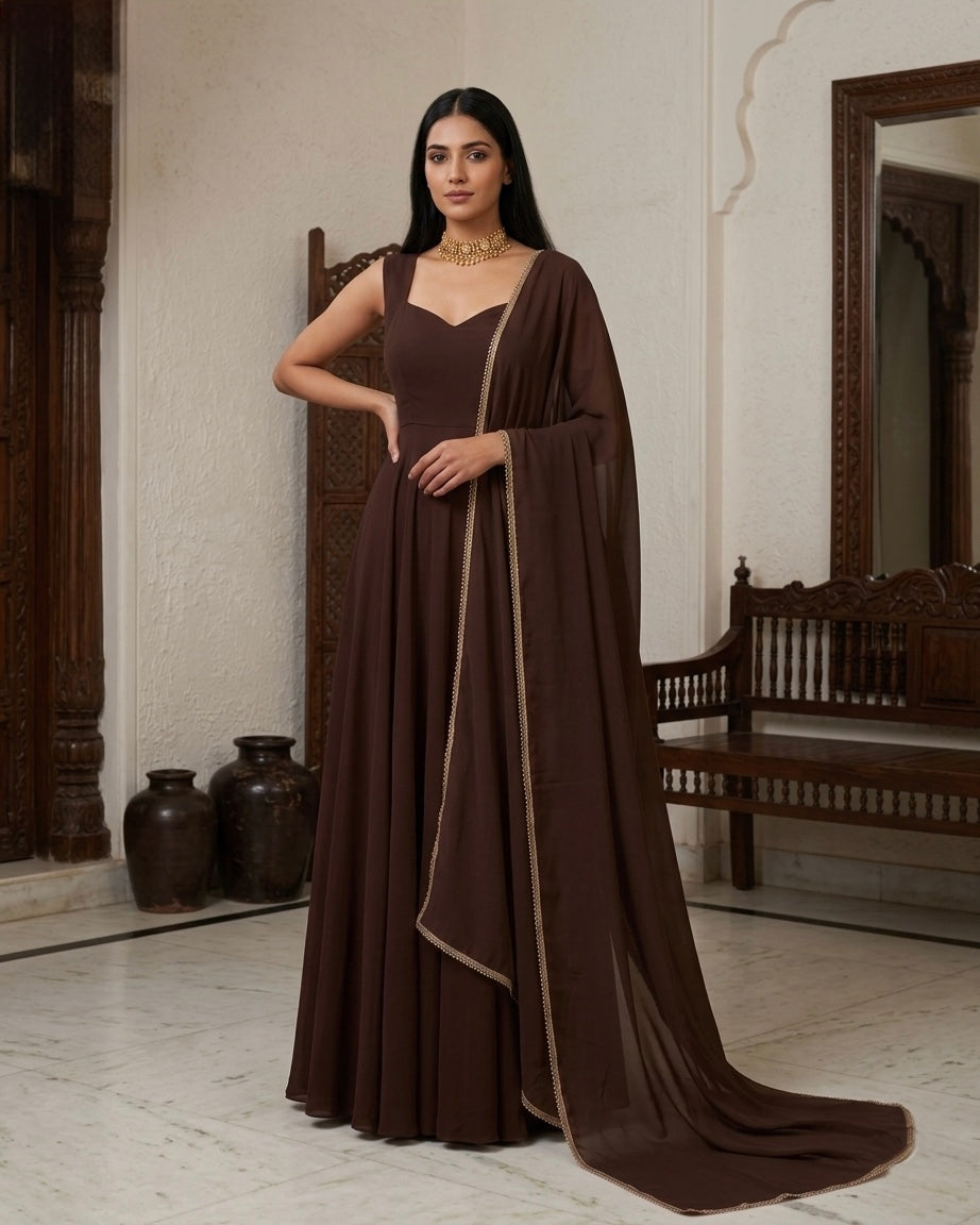 Qahva: Espresso Brown Anarkali Kurta Set with Dupatta by Velltiska