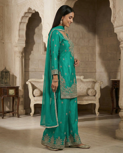 Rida: Teal Green Embroidered Kurta and Pant Set by Velltiska