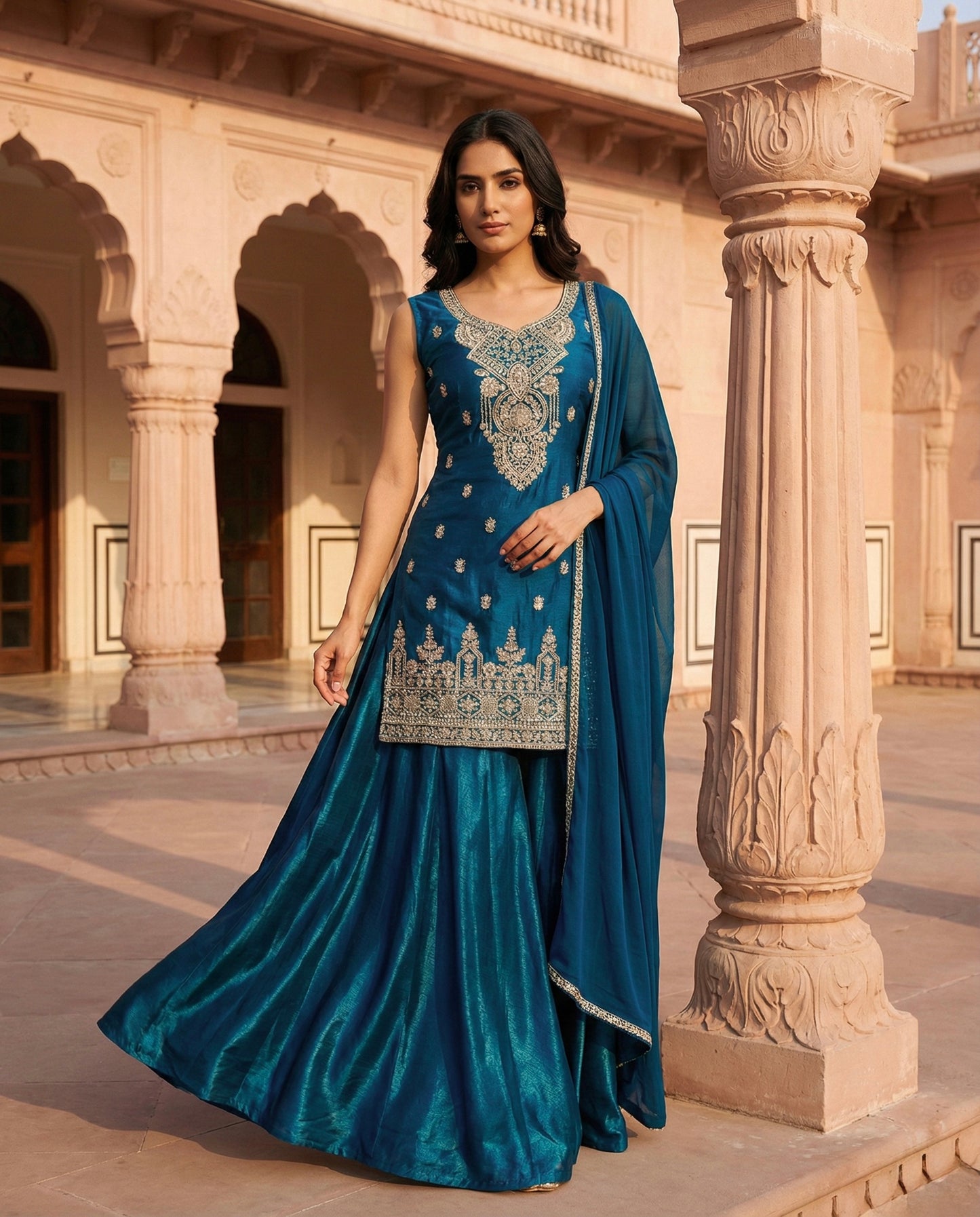 Fitoor: Teal Blue Embroidered Sharara Set by Velltiska
