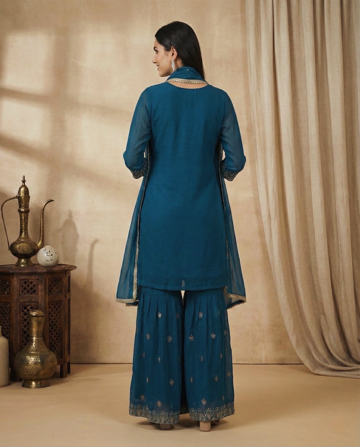 Aarohi: Teal Blue Embroidered Sharara Set by Velltiska