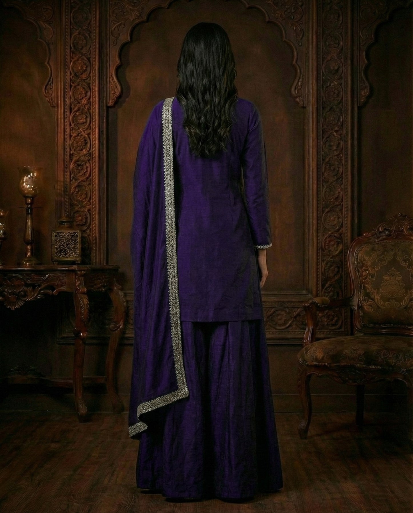 Meera: Royal Indigo Embroidered Sharara Set by Velltiska