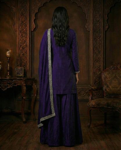 Meera: Royal Indigo Embroidered Sharara Set by Velltiska