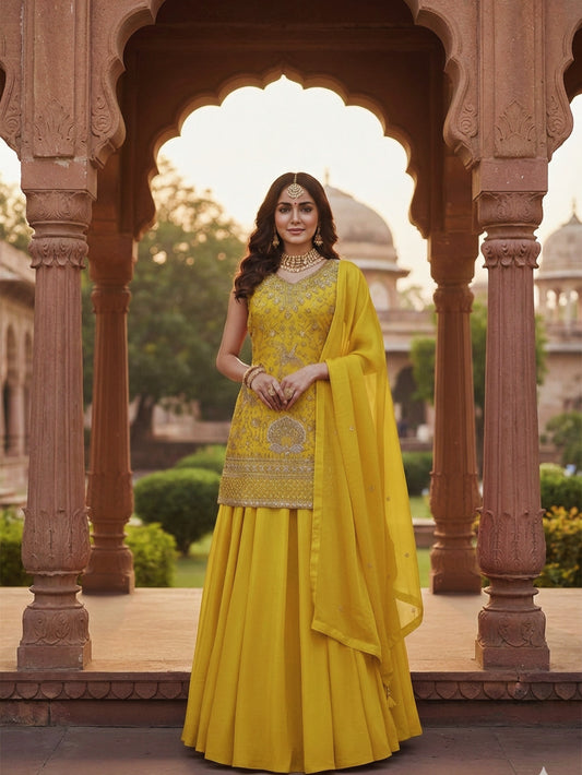 Basant: Spring Yellow Emboidered Sharara Suit Set by Velltiska