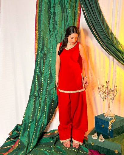Padmini: Kumkum Red Farshi Salwar Coord Set by Velltiska