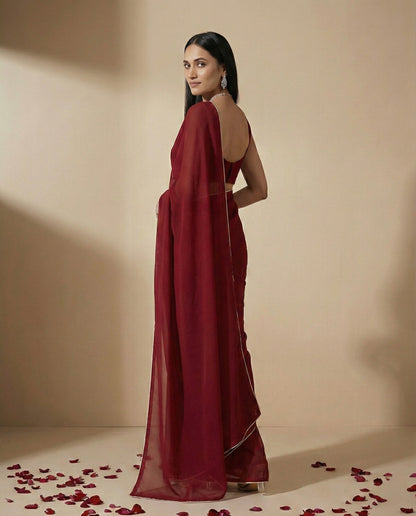 Senorita: True Red Heavy Georgette Saree by Velltiska with Blouse