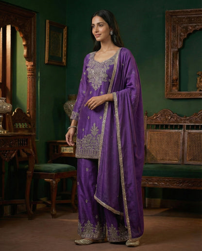 Saba: Rich Violet Embroidered Kurta and Pant Set by Velltiska
