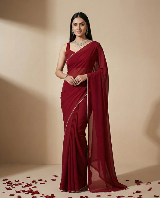 Senorita: True Red Heavy Georgette Saree by Velltiska with Blouse