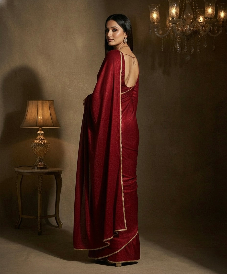 Maharani: Dark Maroon Pre Draped Saree by Velltiska with Golden Lace