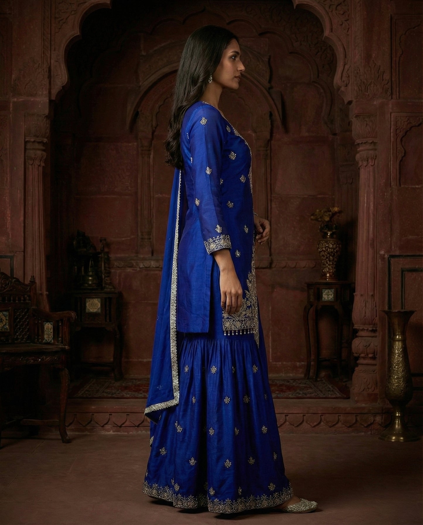 Dhara: Royal Blue Embroidered Sharara Set by Velltiska