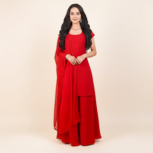 Velltiska Deep Red Sharara Suit With Dupatta