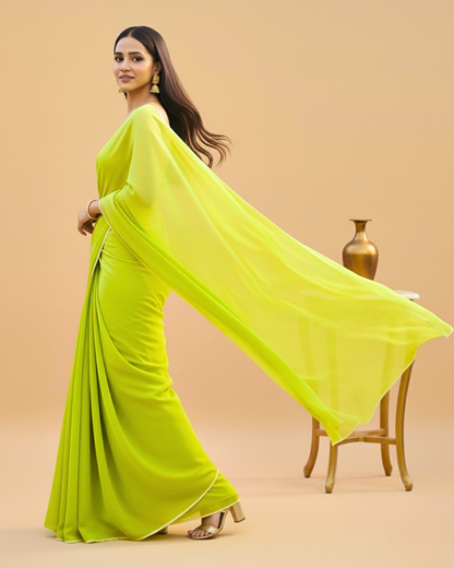 Heer: Neon Green Heavy Georgette Saree with White Piping