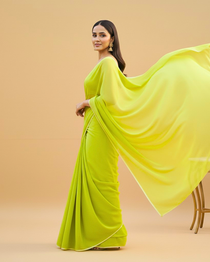 Heer: Neon Green Heavy Georgette Saree with White Piping