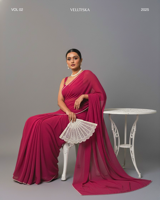 Dilruba: Magenta Heavy Georgette Saree with White Piping Border