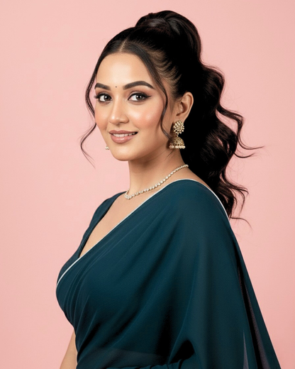 Neelkamal: Teal Blue Heavy Georgette Saree with White Piping