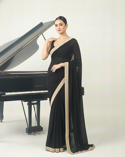 Zeenat: Noir Black Heavy Georgette Saree with Golden Lace