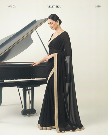 Zeenat: Noir Black Heavy Georgette Saree with Golden Lace