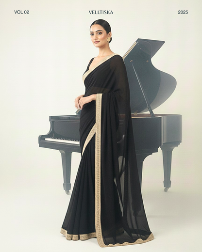 Zeenat: Noir Black Heavy Georgette Saree with Golden Lace