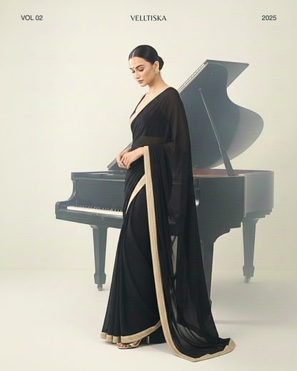 Zeenat: Noir Black Heavy Georgette Saree with Golden Lace