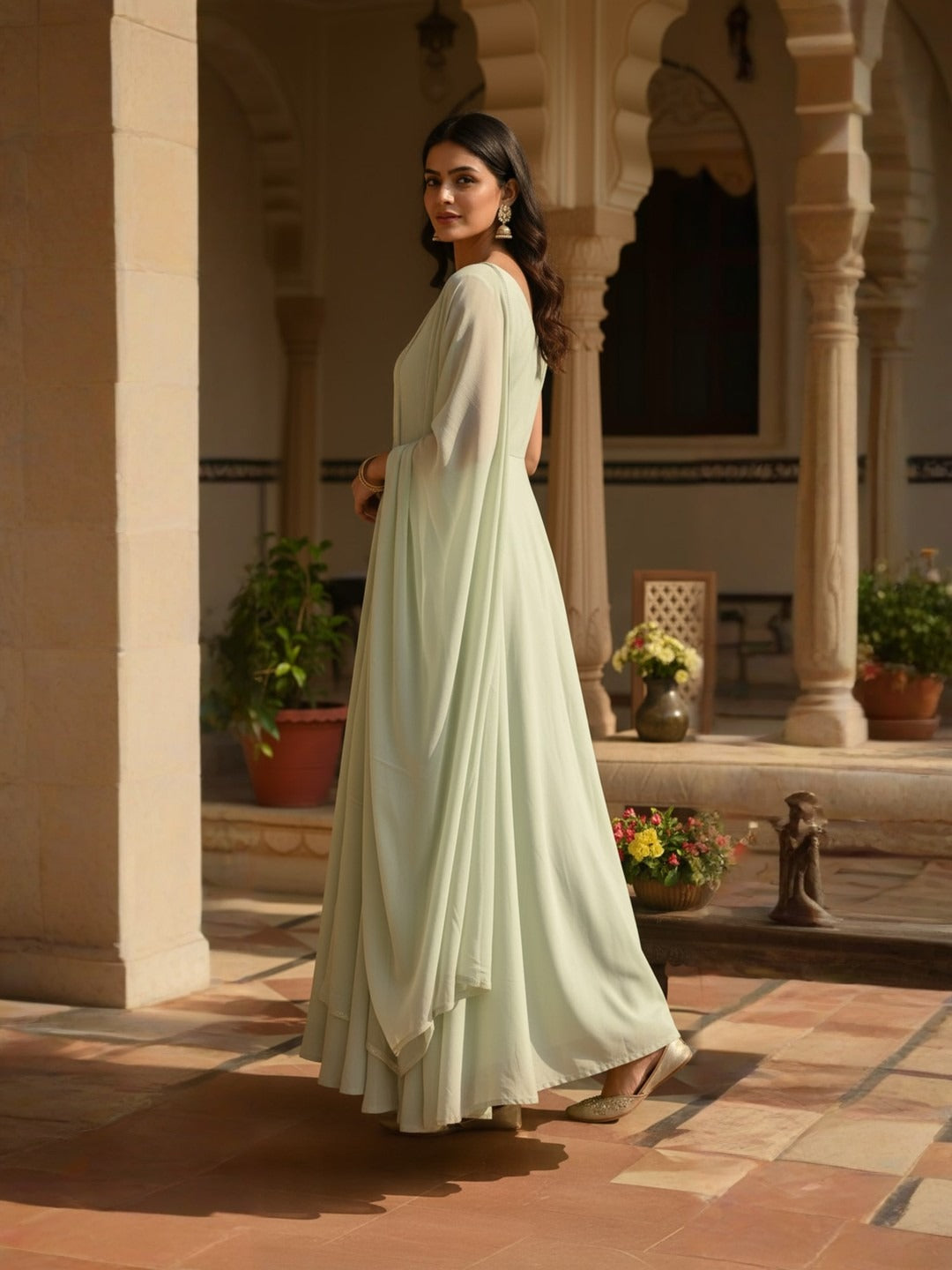 Reet: Pastel Green Solid Anarkali Gown by Velltiska with Dupatta and Sleeves