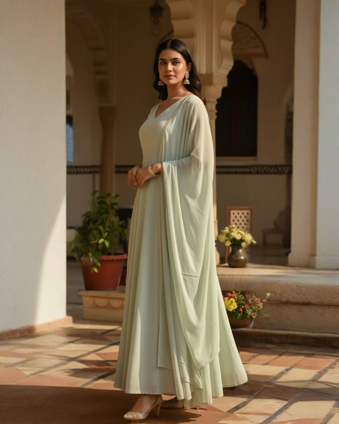 Reet: Pastel Green Solid Anarkali Gown by Velltiska with Dupatta and Sleeves