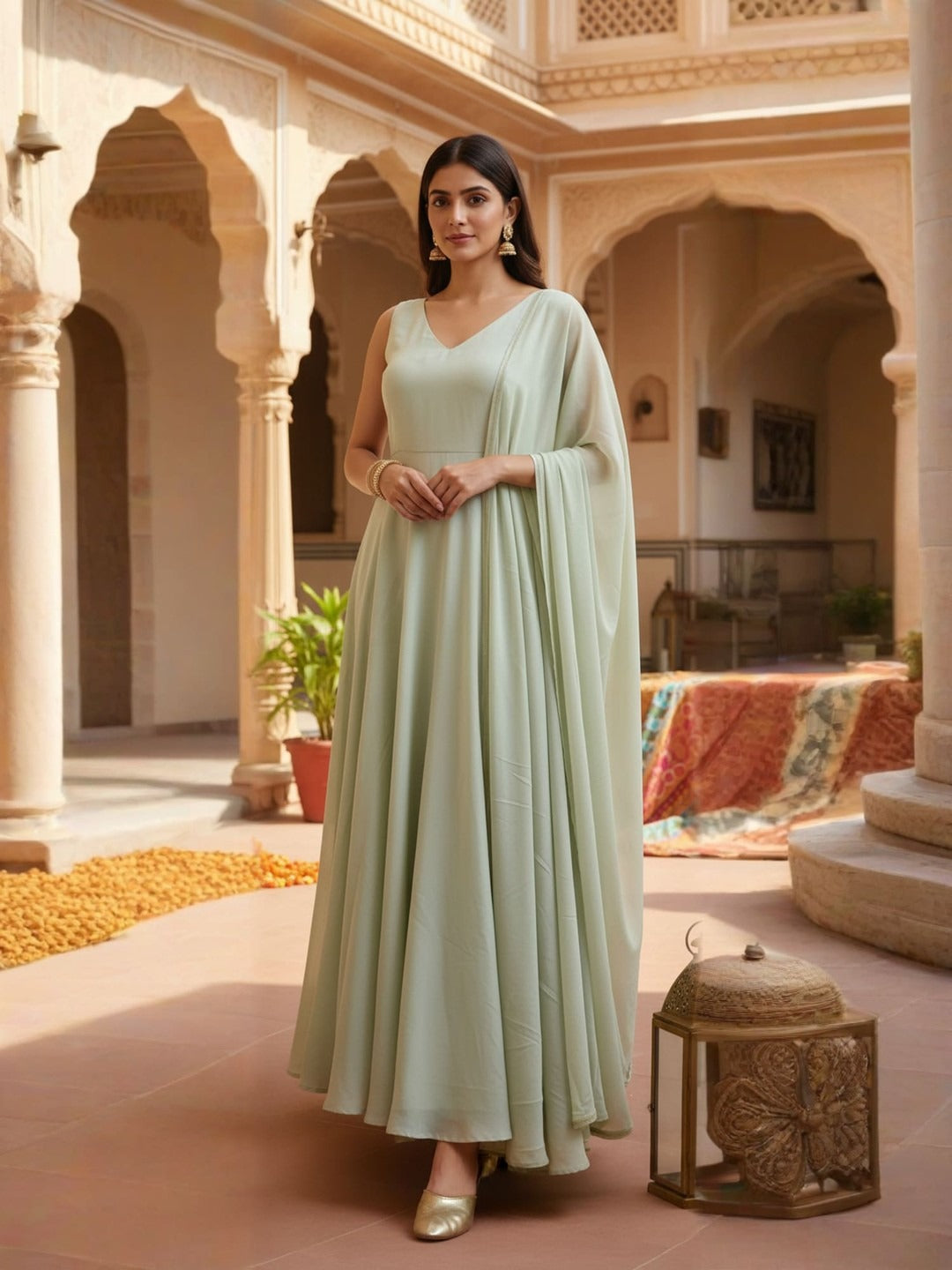 Reet: Pastel Green Solid Anarkali Gown by Velltiska with Dupatta and Sleeves