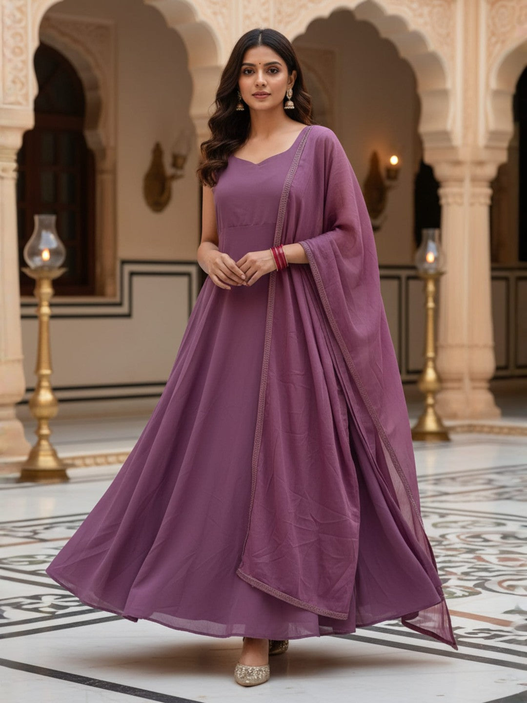 Sahar: Mauve Lavender Solid Anarkali Gown by Velltiska with Dupatta and Sleeves
