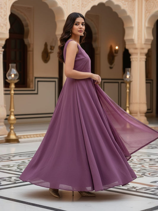 Sahar: Mauve Lavender Solid Anarkali Gown by Velltiska with Dupatta and Sleeves
