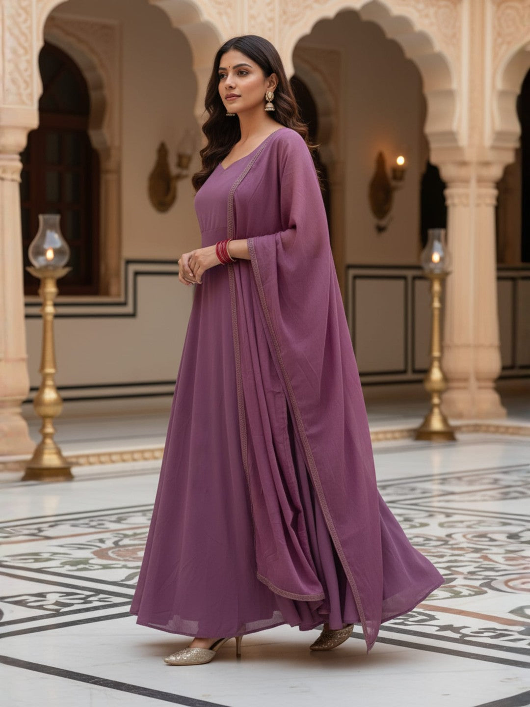 Sahar: Mauve Lavender Solid Anarkali Gown by Velltiska with Dupatta and Sleeves