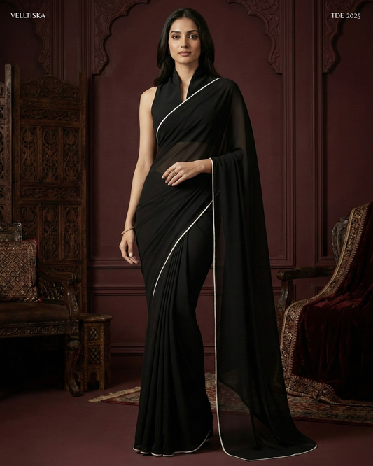 Ghazal: True Black Heavy Georgette Saree by Velltiska with Blouse