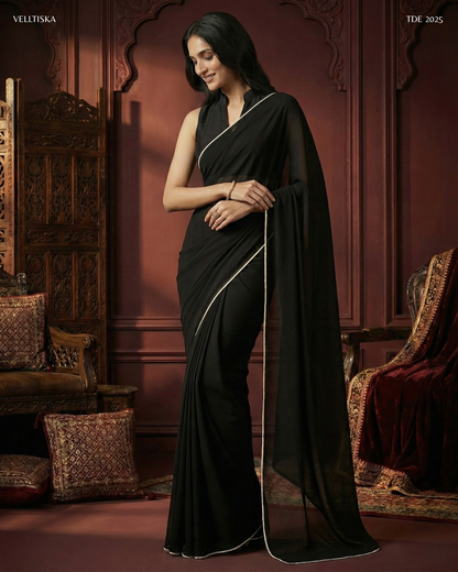 Ghazal: True Black Heavy Georgette Saree by Velltiska with Blouse