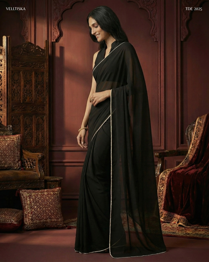Ghazal: True Black Heavy Georgette Saree by Velltiska with Blouse
