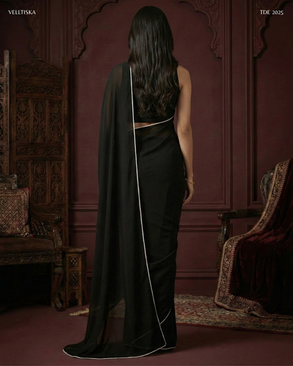 Ghazal: True Black Heavy Georgette Saree by Velltiska with Blouse