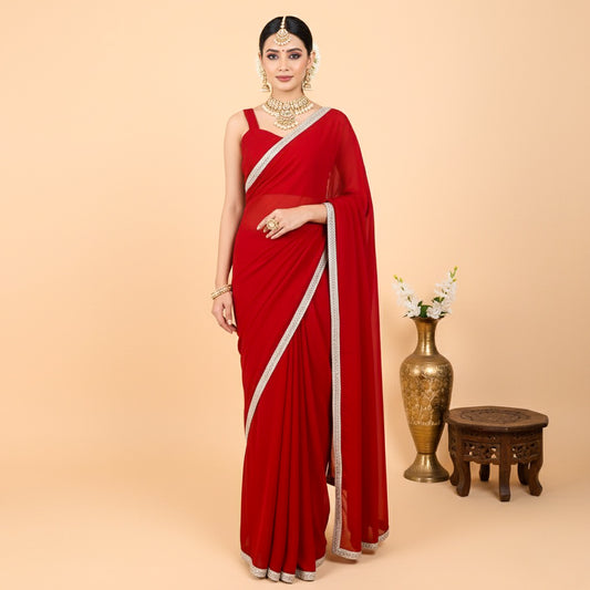 Velltiska Sindoor Red Saree With Unstitched Blouse
