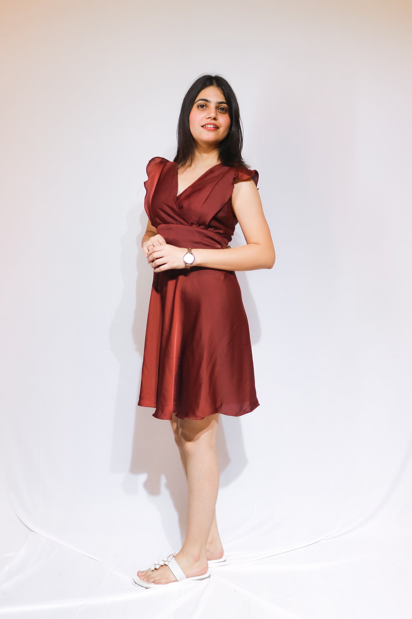 Elegant Maroon Satin Fit & Flare Dress for Women