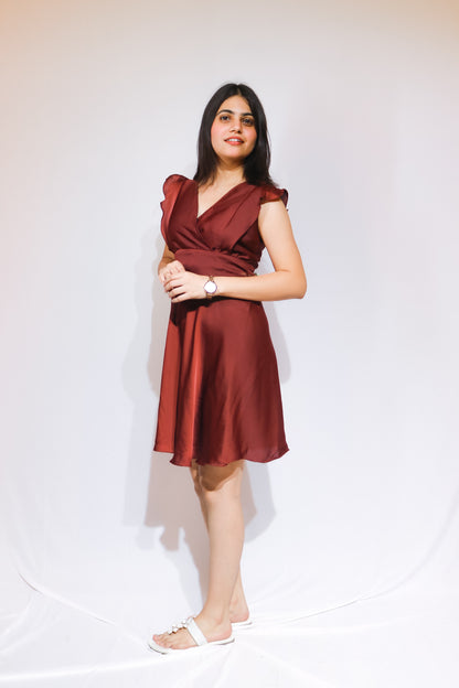 Elegant Maroon Satin Fit & Flare Dress for Women