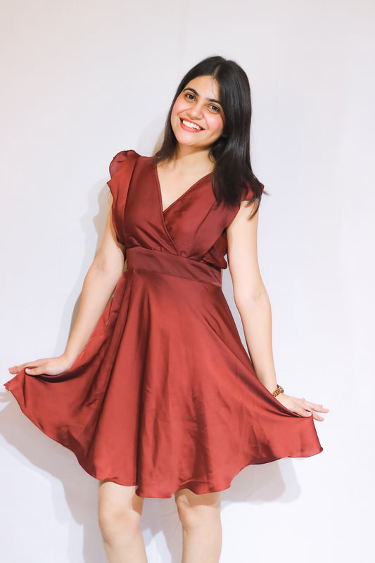 Elegant Maroon Satin Fit & Flare Dress for Women