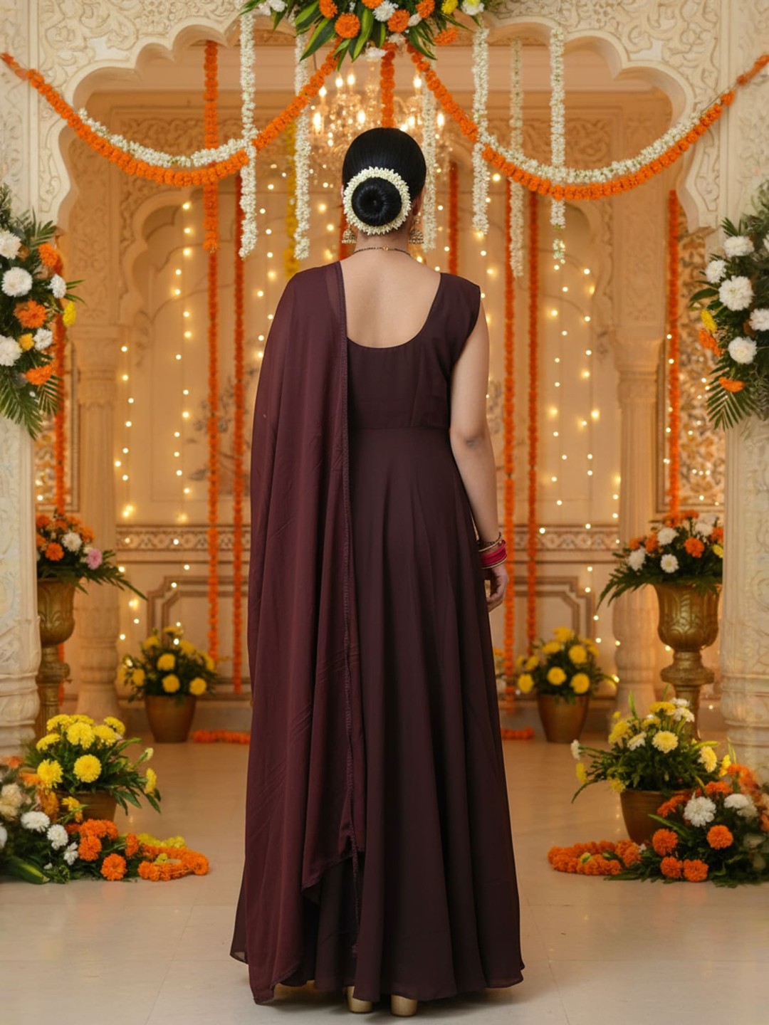 Suhaani: Mocha Brown Solid Velltiska Anarkali Gown with Dupatta and Sleeves