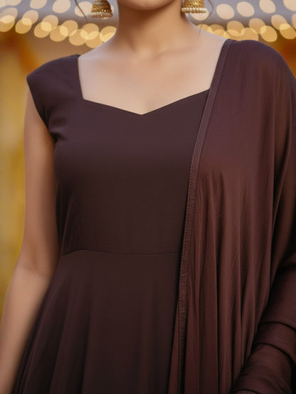 Suhaani: Mocha Brown Solid Velltiska Anarkali Gown with Dupatta and Sleeves