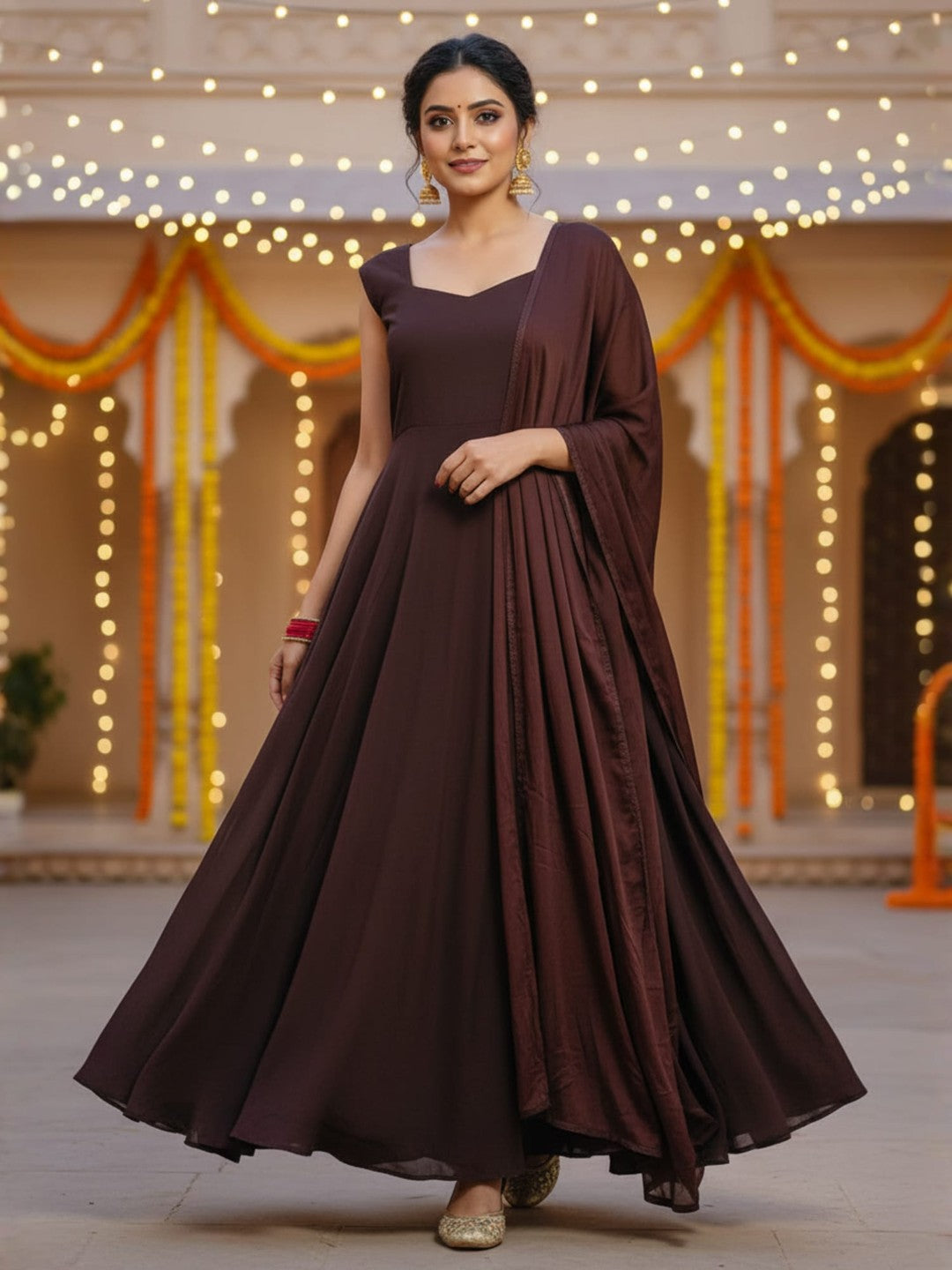 Suhaani: Mocha Brown Solid Velltiska Anarkali Gown with Dupatta and Sleeves
