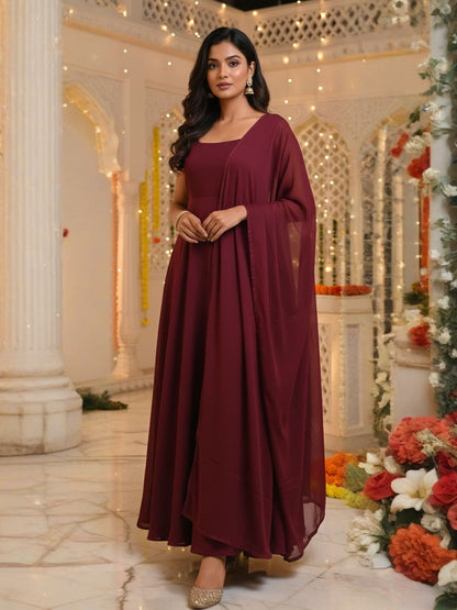 Madira: Regal Merlot Wine Solid Anarkali Gown by Velltiska with Dupatta and Sleeves