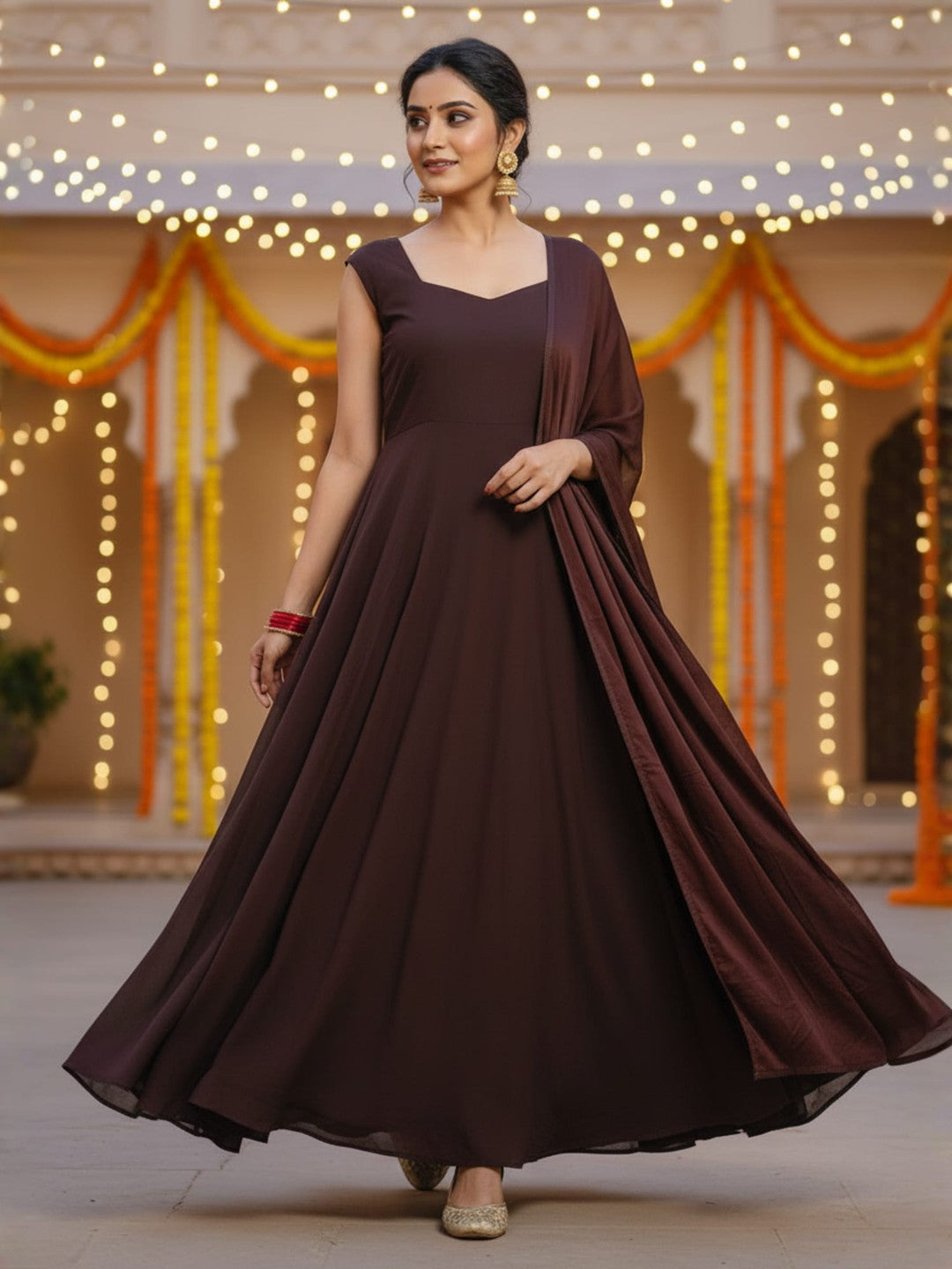 Suhaani: Mocha Brown Solid Velltiska Anarkali Gown with Dupatta and Sleeves