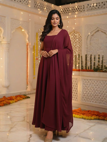 Madira: Regal Merlot Wine Solid Anarkali Gown by Velltiska with Dupatta and Sleeves