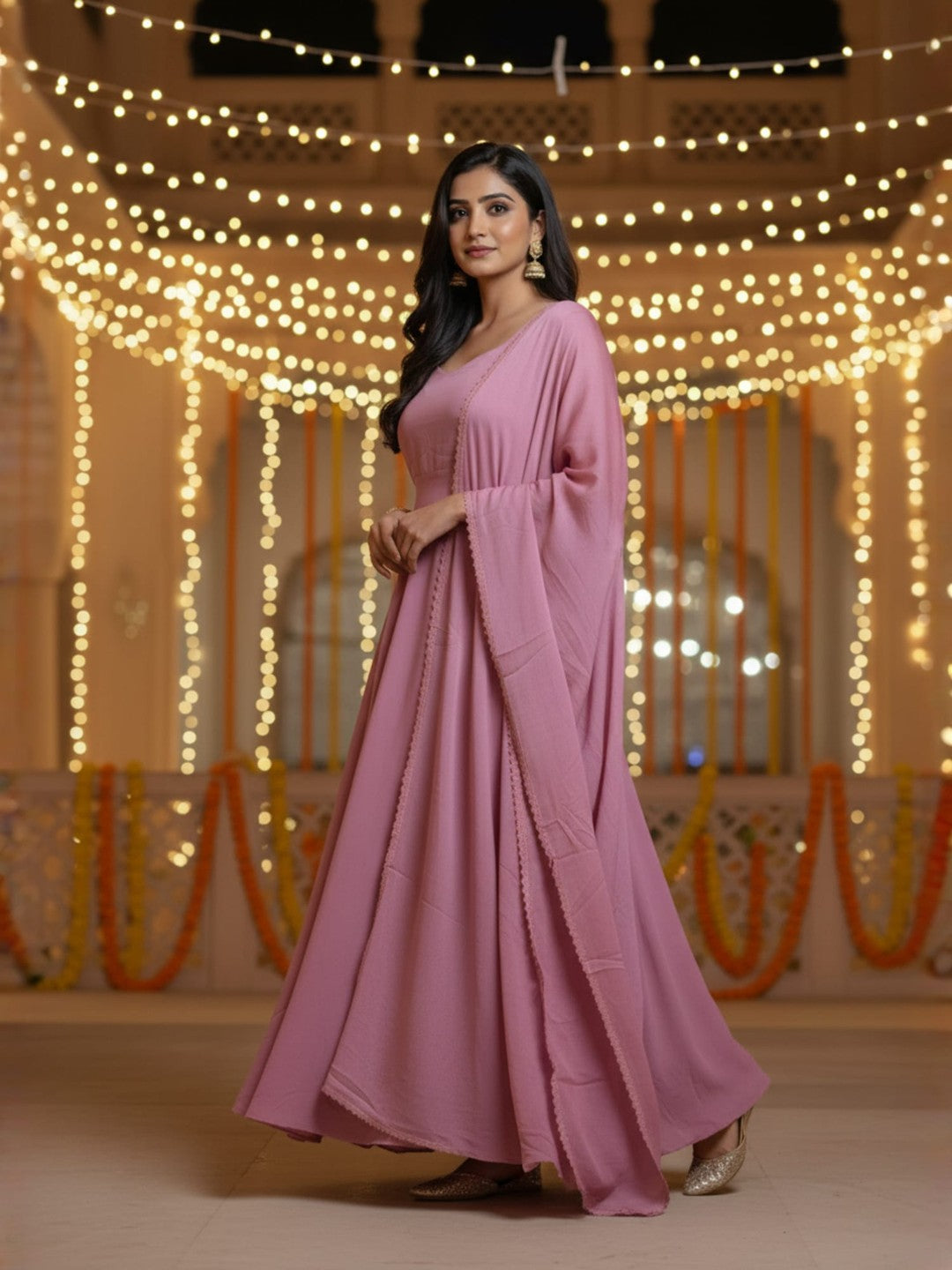 Nazm: Muted Pink Solid Anarkali Gown by Velltiska with Dupatta and Sleeves