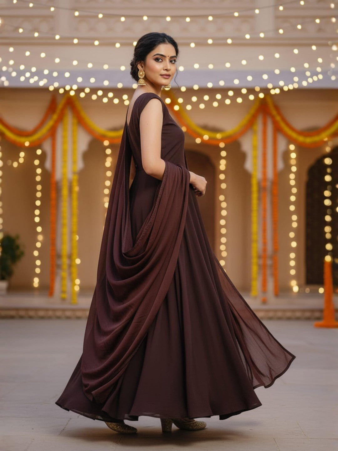 Suhaani: Mocha Brown Solid Velltiska Anarkali Gown with Dupatta and Sleeves