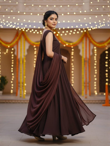 Suhaani: Mocha Brown Solid Velltiska Anarkali Gown with Dupatta and Sleeves