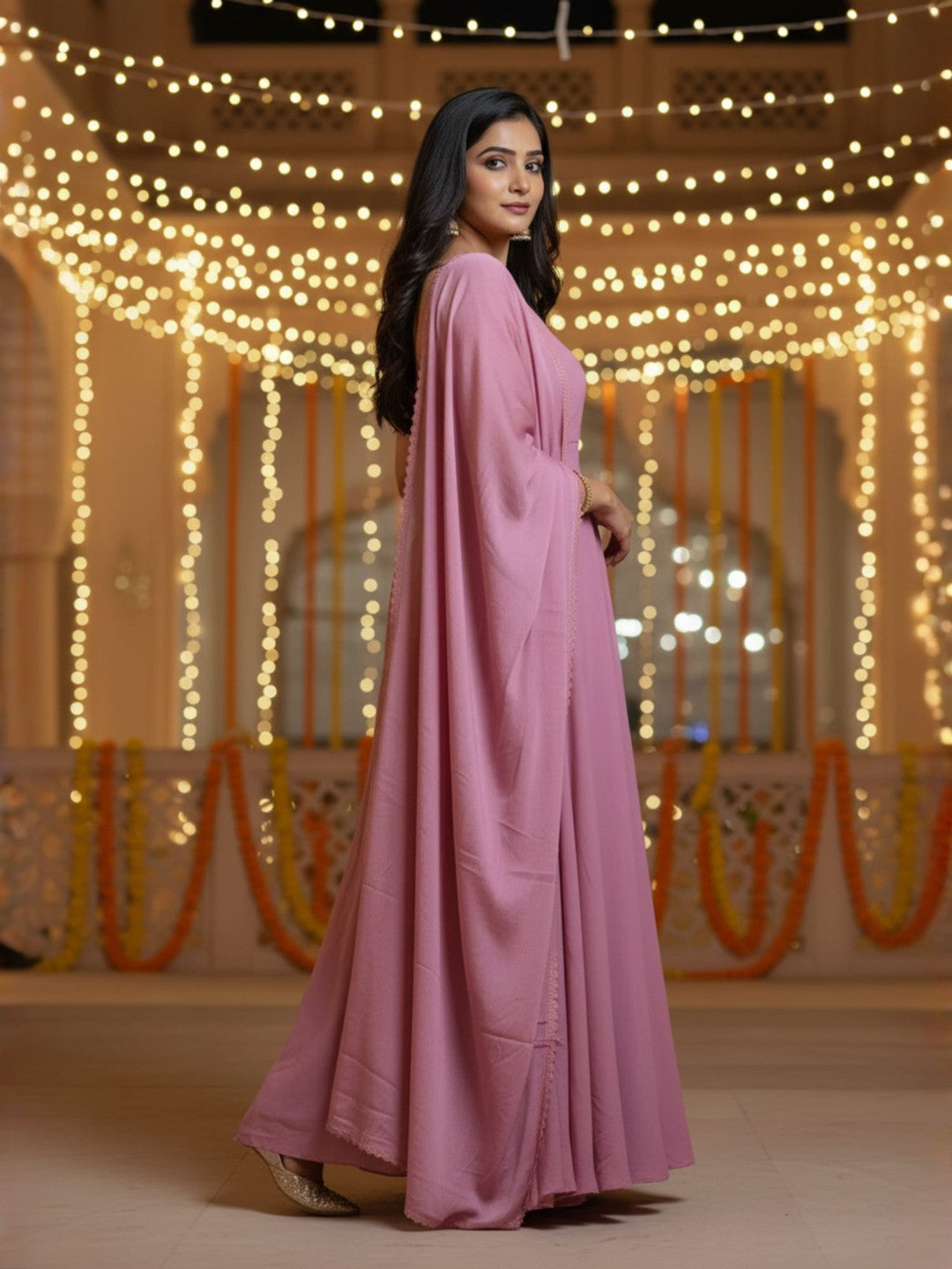 Nazm: Muted Pink Solid Anarkali Gown by Velltiska with Dupatta and Sleeves