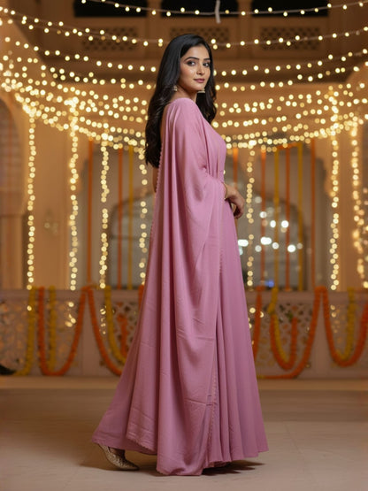Nazm: Muted Pink Solid Anarkali Gown by Velltiska with Dupatta and Sleeves